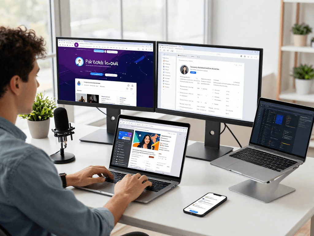 Marketer using an antidetect browser for secure multi-account management at a modern desk