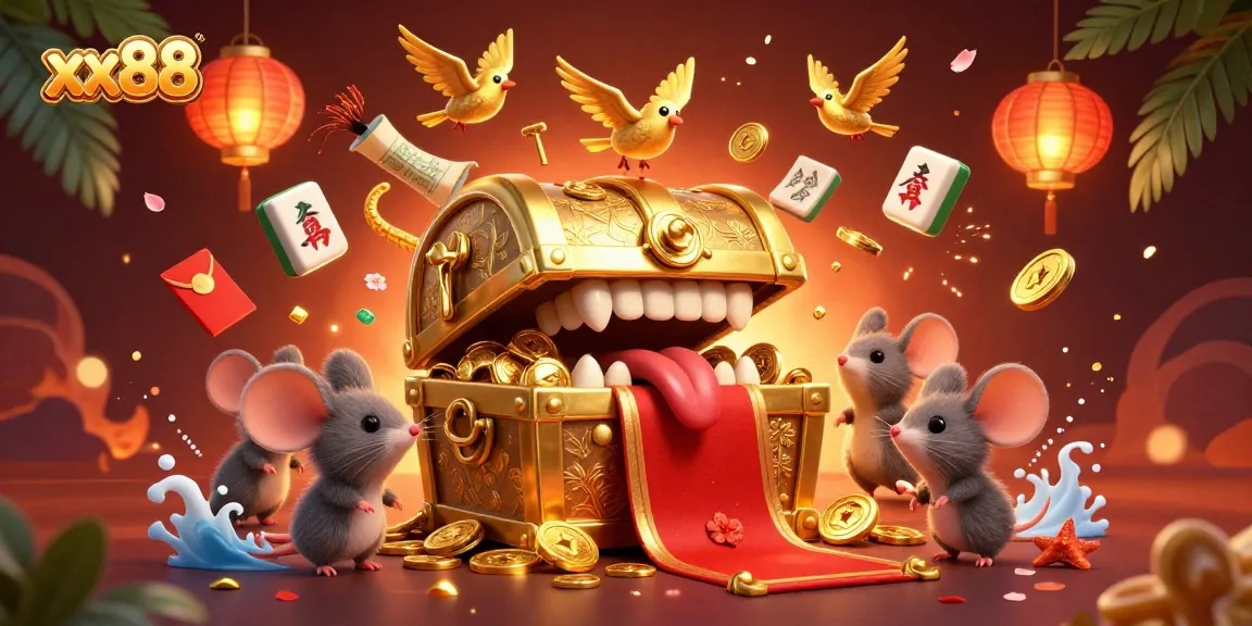 Engage with xx88's exciting treasure-filled adventure featuring a golden chest and lucky decorations.