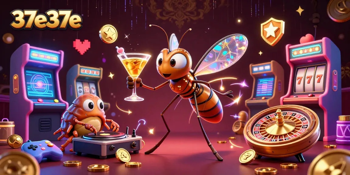 37e37e traz um mosquito mascote em um cassino, com jogos arcade vibrantes ao fundo.