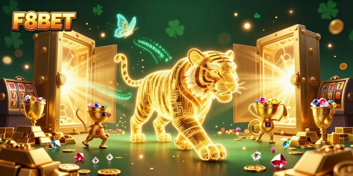 Experience F8BET's thrilling digital casino with a glowing tiger and slot elements.