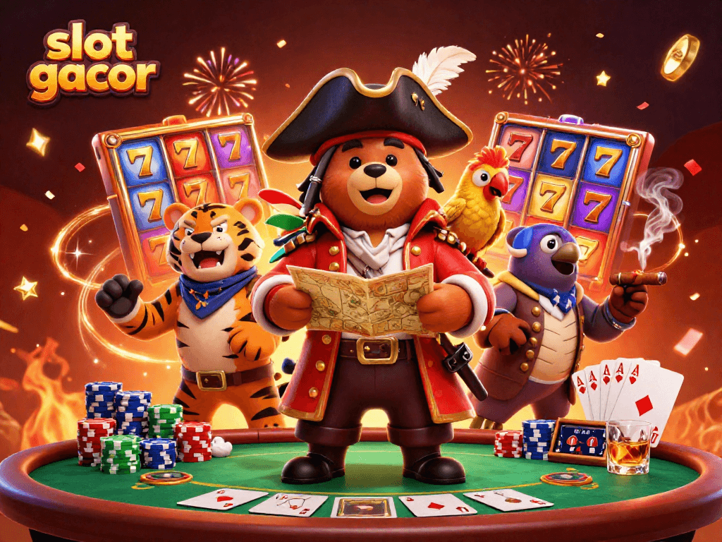 Experience slot gacor thrills with a pirate captain bear, tiger mate, and golden parrot in a vibrant casino setting.