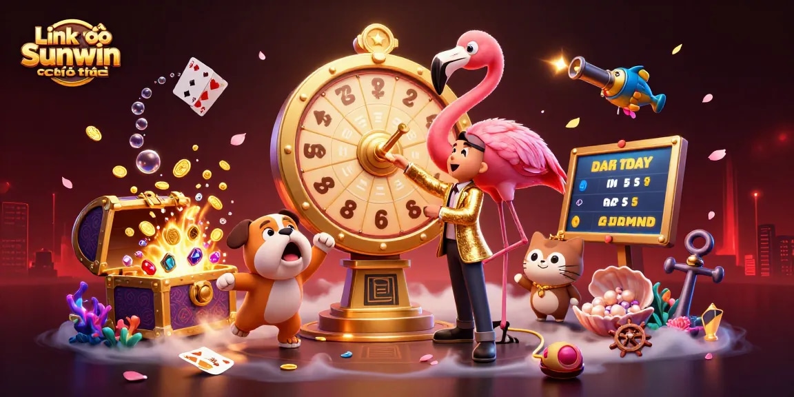 Engage with Link vào Sunwin chính thức in a vibrant 3D illustration showcasing thrilling prizes in a casino environment.
