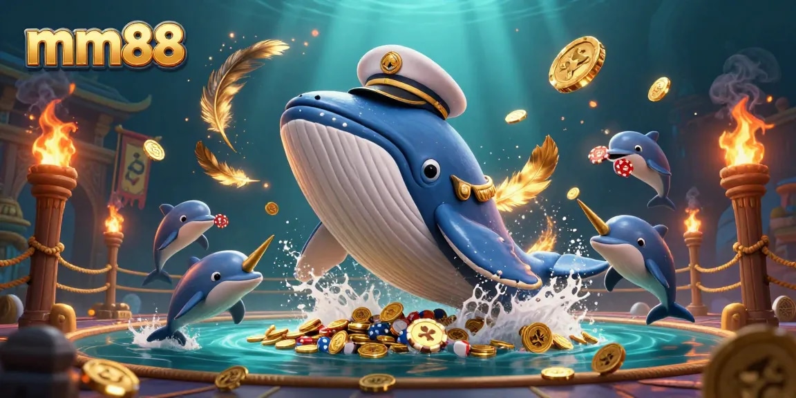 Experience the thrill of mm88 with playful dolphins and a whale captain amidst golden coins and casino excitement.