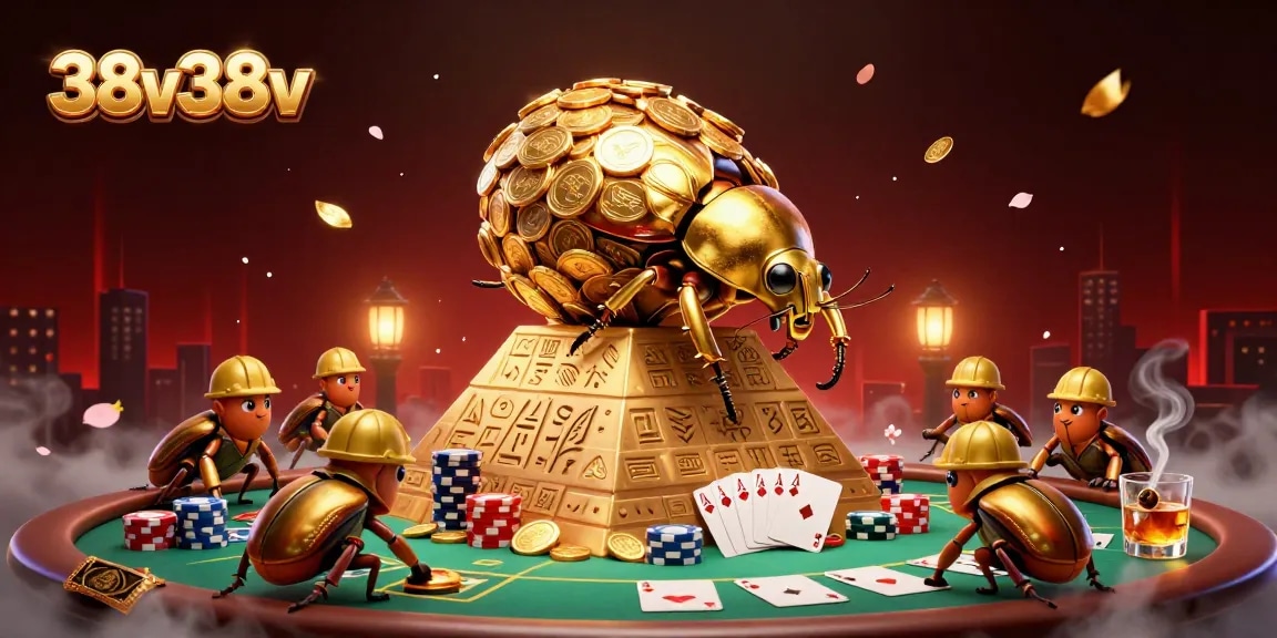 Engage in thrilling gameplay with a golden dung beetle and casino symbols at 38v38v.