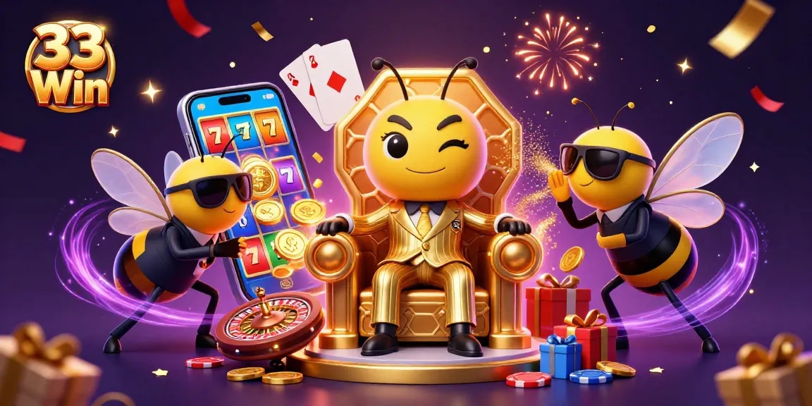 Engage with the 33 Win online casino illustration featuring bold casino elements and dynamic characters.