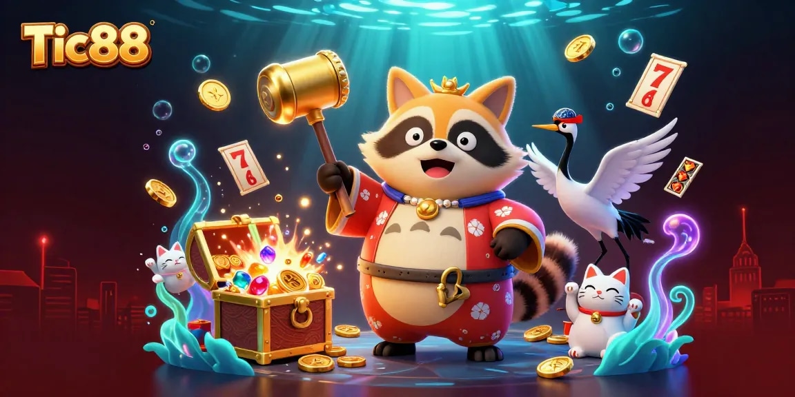 Tic88 features a cheerful tanuki and friends celebrating with vibrant casino elements and treasures.