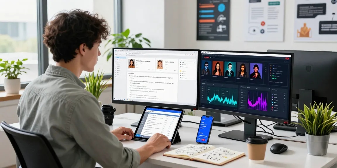 AI image detector showcased in a modern office with data analyst monitoring content moderation metrics and AI results.
