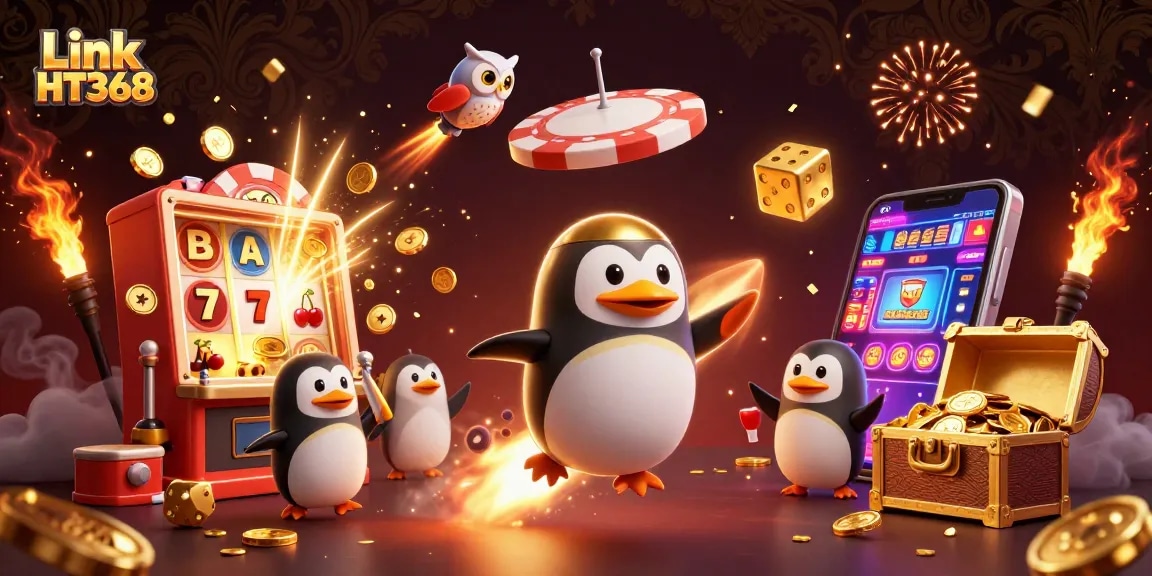 Experience the excitement of Link HT368 with a golden penguin in a dynamic casino space scene.