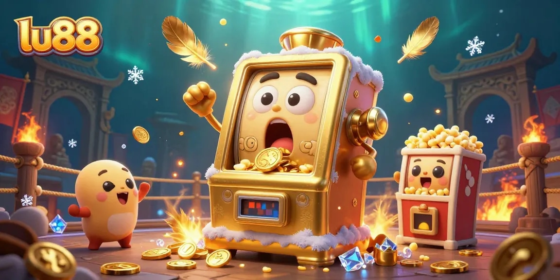 lu88 slot machine hits jackpot pouring coins, with cheering machines in a festive casino scene