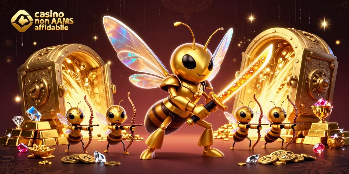 Gioca in un casino non AAMS affidabile con un'illustrazione vibrante di un'ape guerriera e tesori scintillanti.
