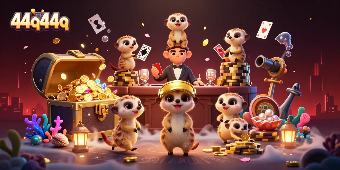 Engage with 44q44q's dynamic casino scene featuring meerkats running a vibrant gaming operation.