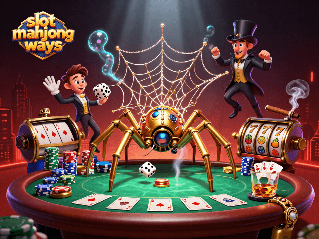 Engage with slot mahjong ways through an exciting 3D illustration showcasing a golden spider and lively casino elements.