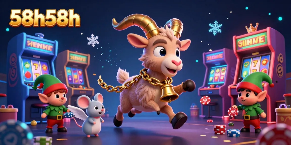 A imagem 58h58h mostra um cassino temático de Natal e terror, com personagens interativos e elementos de jogos.