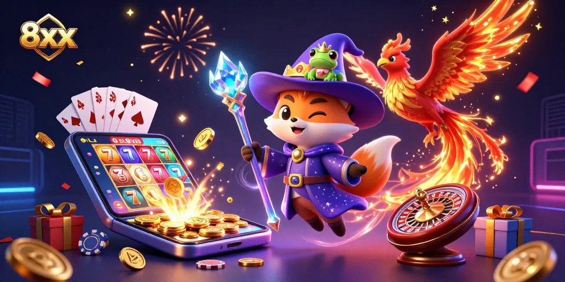 Engage in the immersive world of 8xx with a wizard fox and phoenix in a vibrant casino scene.