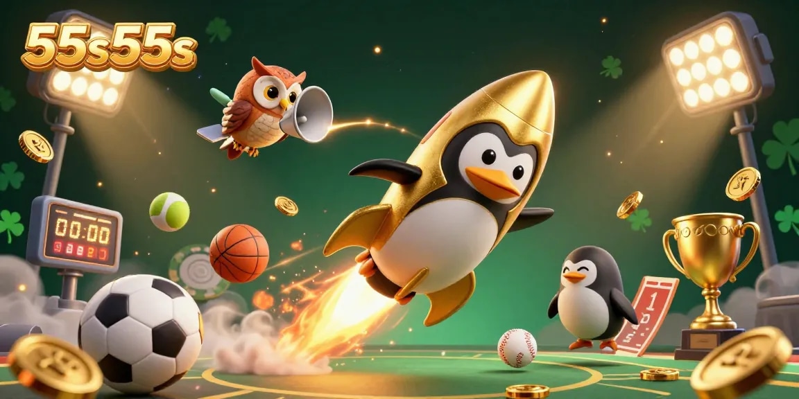 Experience thrilling action with 55s55s as a golden penguin blasts through a casino cosmos filled with sports prizes.