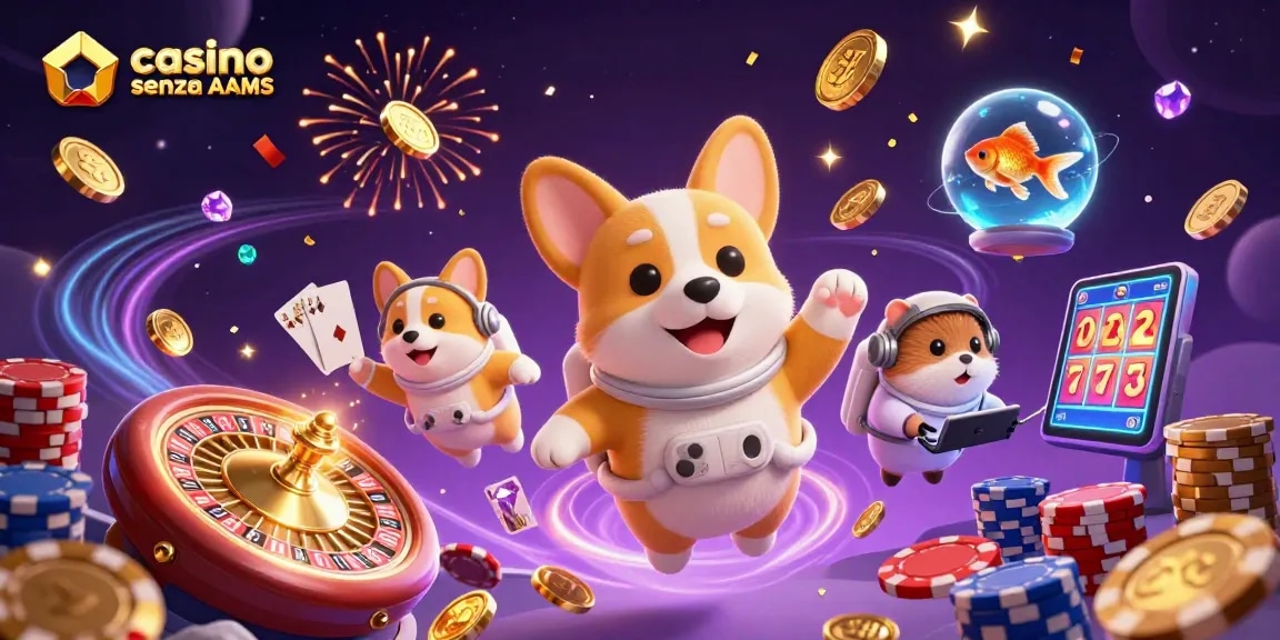 Giocando d'azzardo nei migliori casinò non AAMS, con un corgi astronauta e monete dorate che fluttuano.