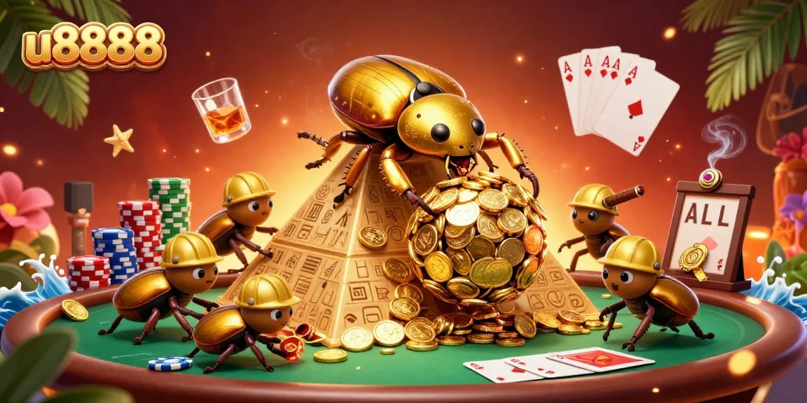 u8888 brings lively casino action with a golden beetle rolling coins in a vibrant atmosphere.
