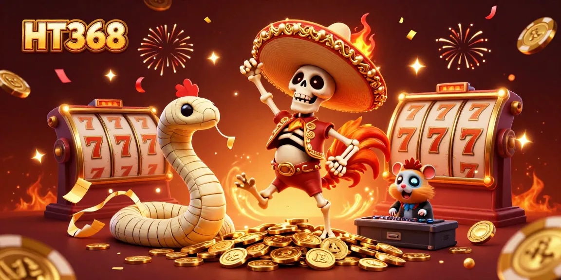 HT368 captures players celebrating on a jackpot of coins in a vibrant casino atmosphere.