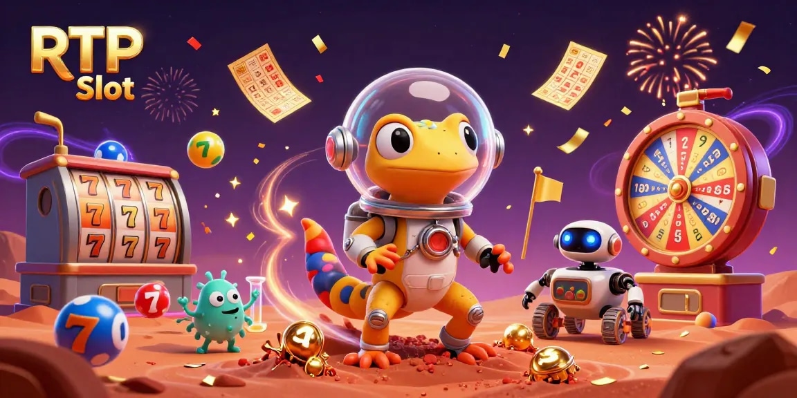 Experience RTP Slot action as a Martian gecko discovers a golden casino in a vibrant alien world.