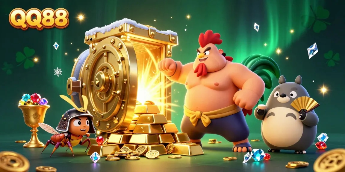 Experience thrilling wins at QQ88 in this vibrant casino scene filled with gold and gems.