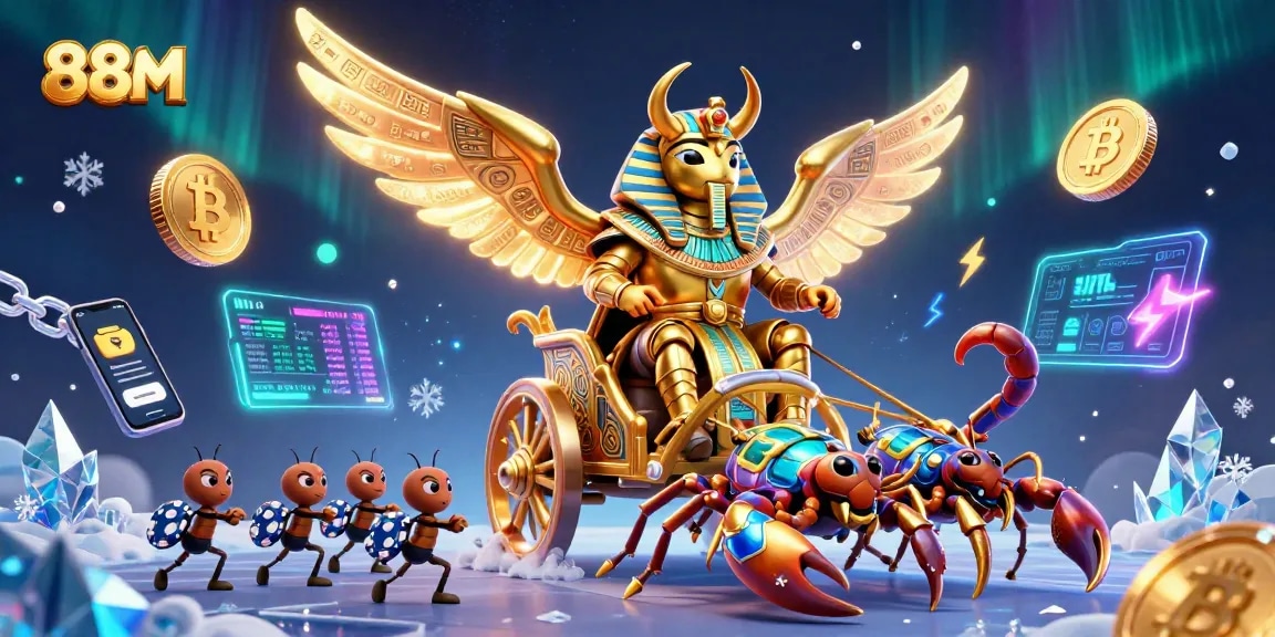 Experience the thrilling action at 88M with a vibrant scene featuring a golden scarab and poker chips.