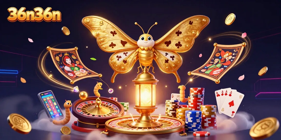 Experience 36n36n with dazzling casino scenes illustrated by a majestic moth and golden elements.