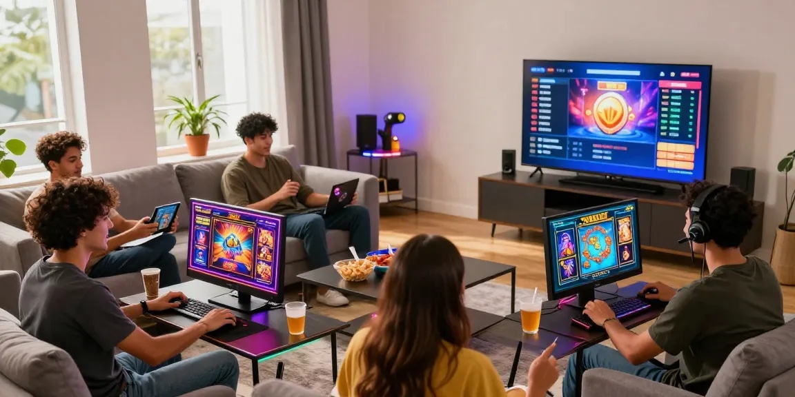 Excited friends gaming together on wd138.com with vibrant slot graphics and lively atmosphere.