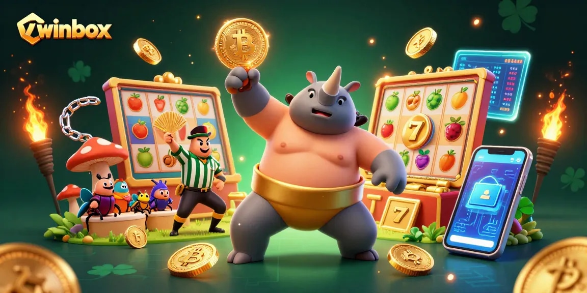 Winbox beetle champion stomps golden coins amid vibrant slot reels and crypto coins.