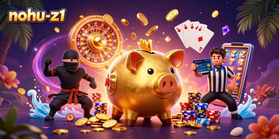 Nohu-z1 showcases a dynamic casino scene with a golden piggy bank sumo wrestler and animated gambling elements.