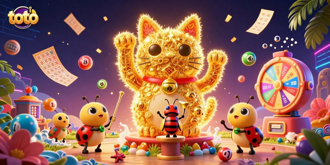 Mensukseskan permainan toto dengan kucing keberuntungan dan bola lotere berwarna-warni.