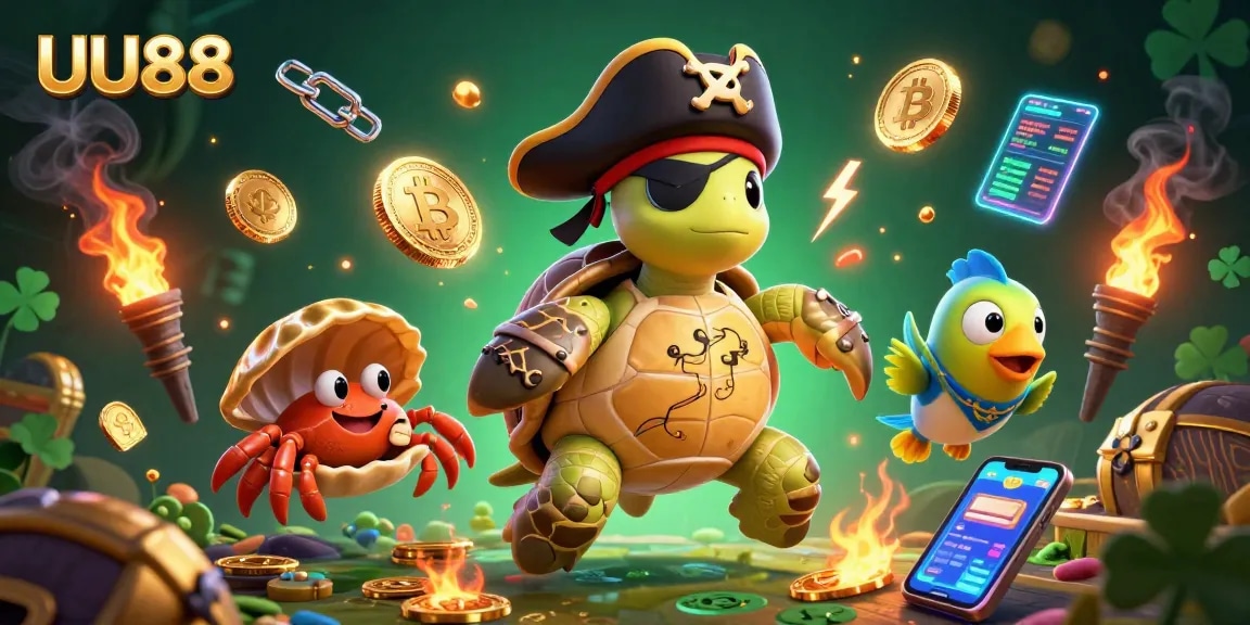 Engage with UU88's thrilling online casino experience, featuring vibrant 3D characters and glowing cryptocurrency elements.