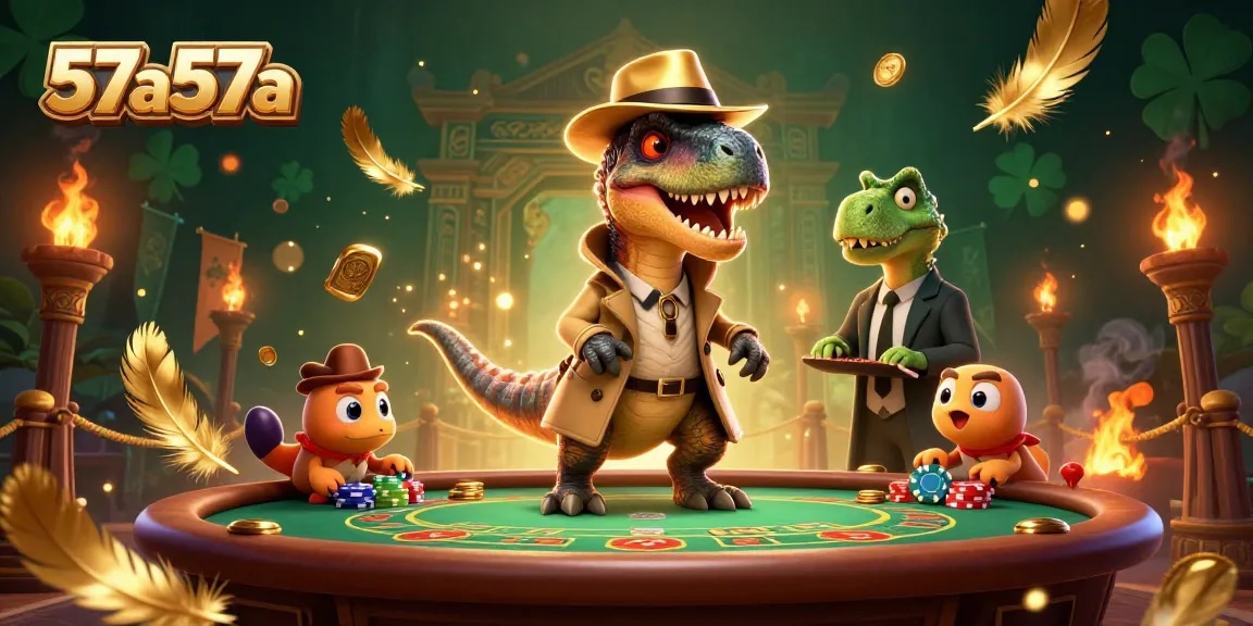 Engage with the 57a57a blackjack table, as a velociraptor card counter sneaks chips at this vibrant casino scene.