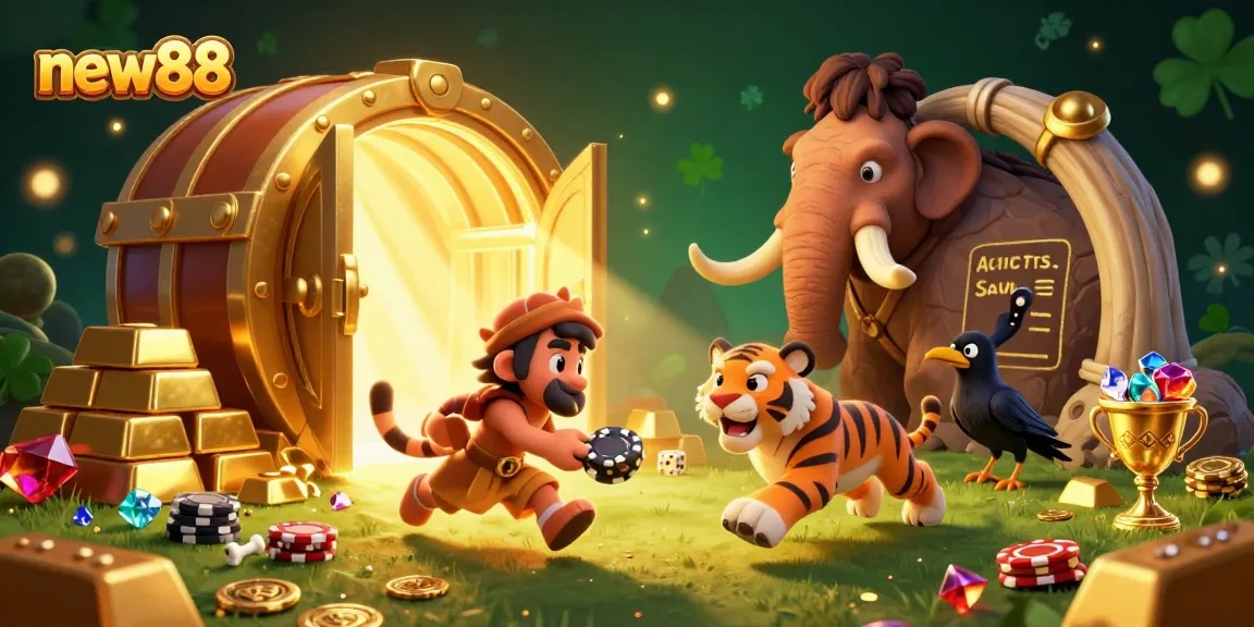 Spin the wheel of fortune at new88's thrilling prehistoric casino adventure with golden treasures and captivating characters.