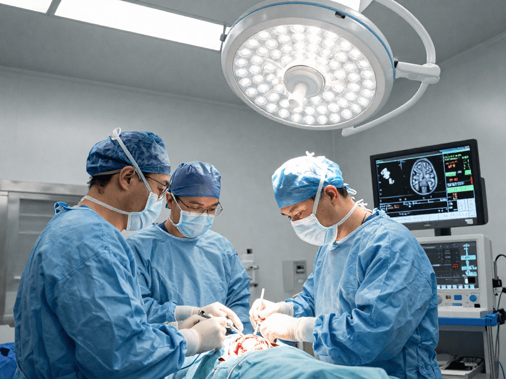 beyin tümörü ameliyatı performed by a skilled neurosurgeon in a bright surgical environment, showcasing teamwork and technology.
