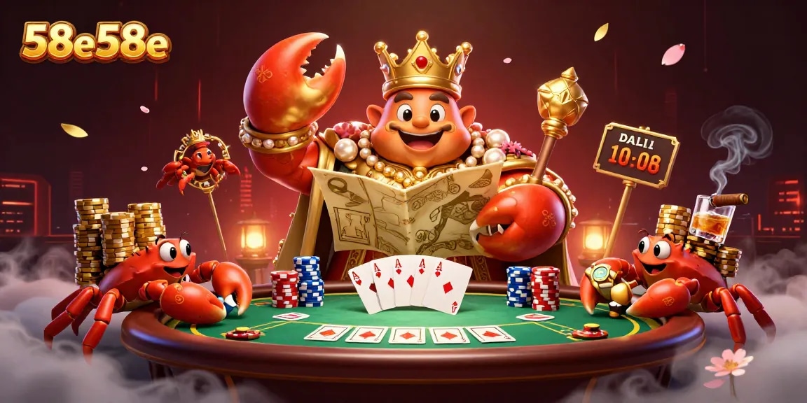 Engage in the vibrant 58e58e casino scene with a golden crab emperor, poker elements, and stunning visuals.