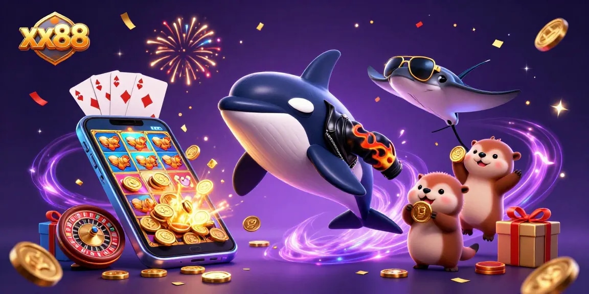 Win big with xx88 in this vibrant casino scene featuring characters and gaming elements.