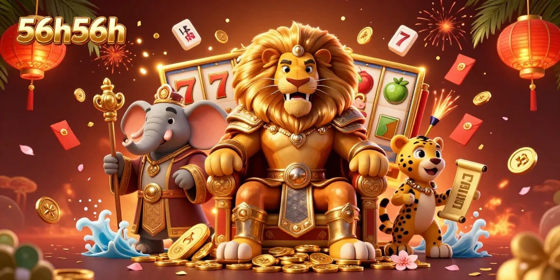 Experience thrilling play at 56h56h with a lion king, wise elephant, and vibrant casino elements.