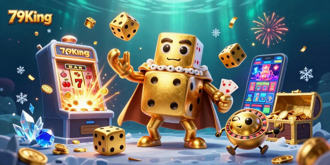 Experience thrilling gameplay at 79King with golden dice, slot machines, and a vibrant casino atmosphere.