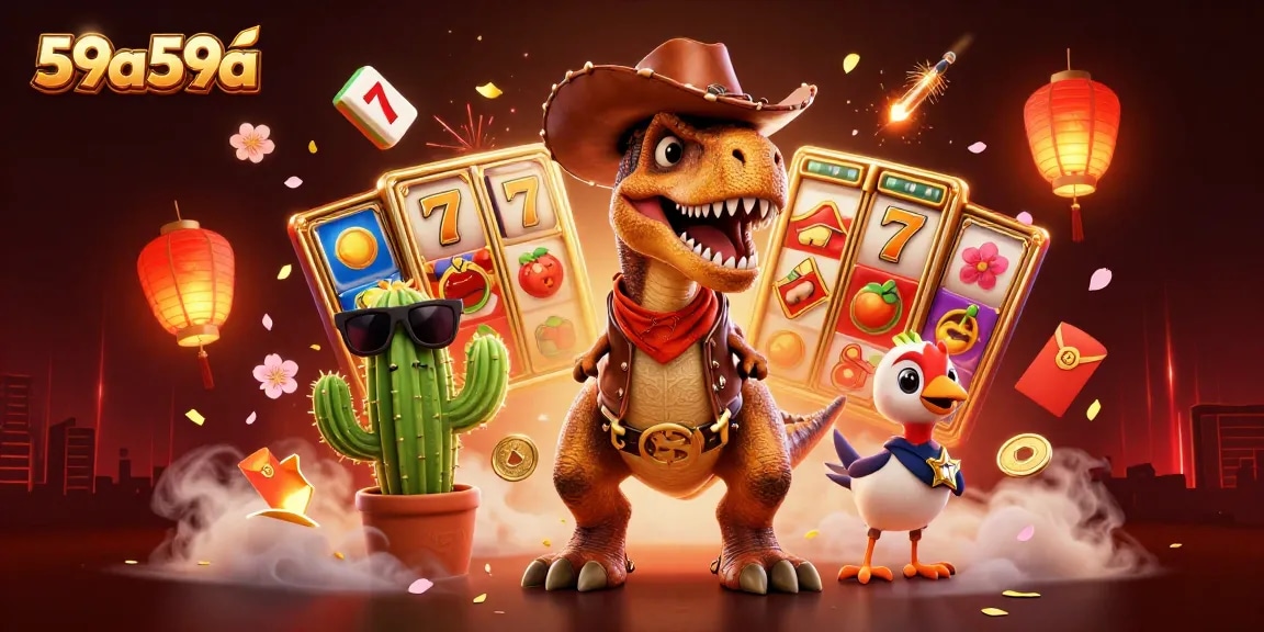 Imagem ilustrativa do 59a59a mostrando um dinossauro cowboy e elementos de caça-níqueis.