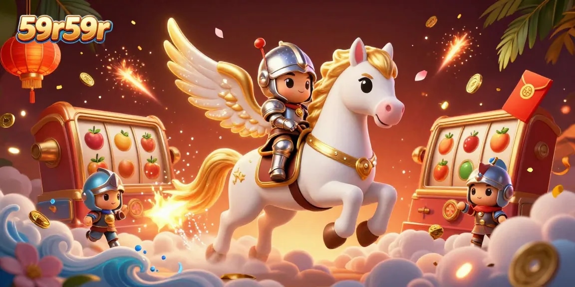 Experience thrilling gameplay with 59r59r's vibrant 3D celestial casino illustration, featuring spectacular slot symbols.