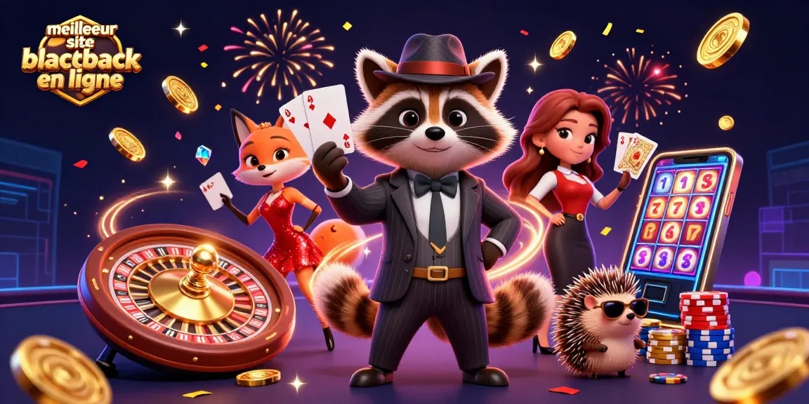 Découvrez le meilleur site blackjack en ligne avec une illustration captivante des personnages et éléments de jeu.