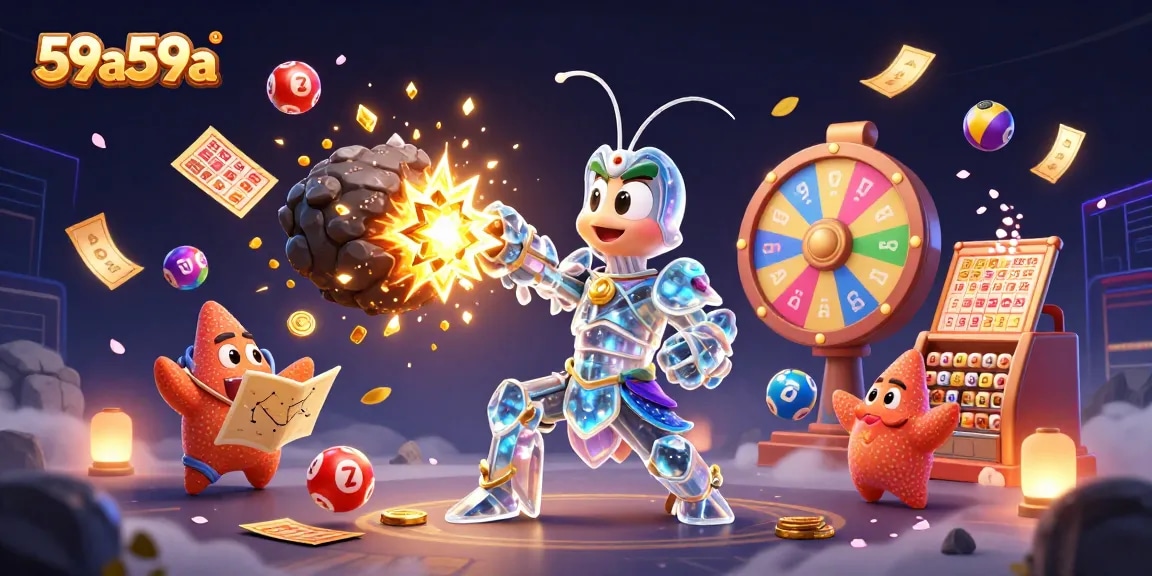 Engage with 59a59a's vibrant casino scene featuring a galactic samurai and a starfish amid lotto excitement.