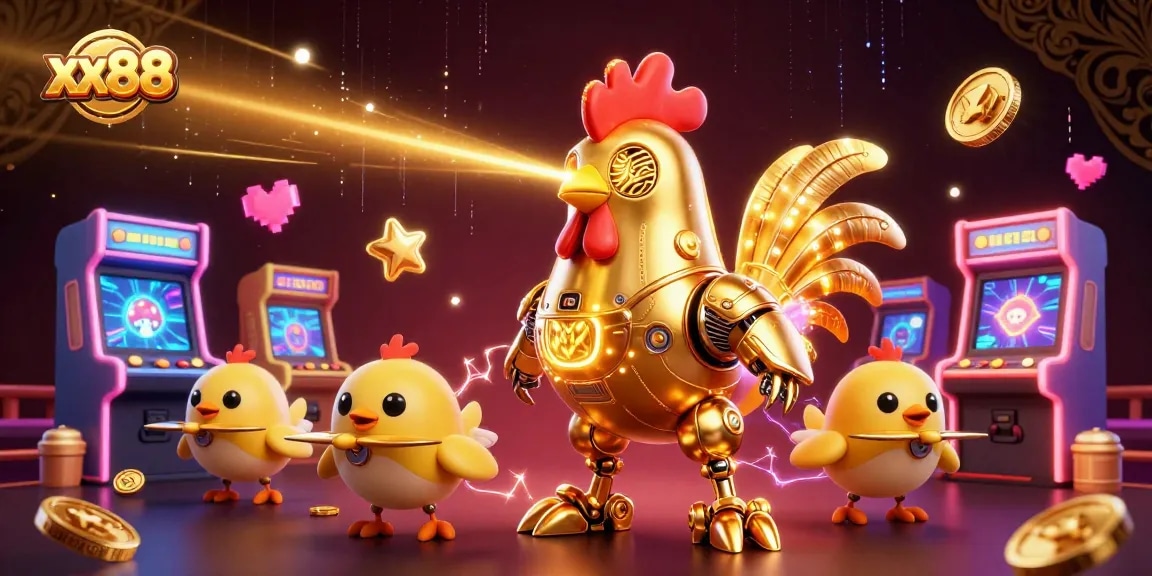 Engage with the vibrant world of xx88, where a retro-futuristic golden rooster leads baby chick drones in a dazzling casino scene.
