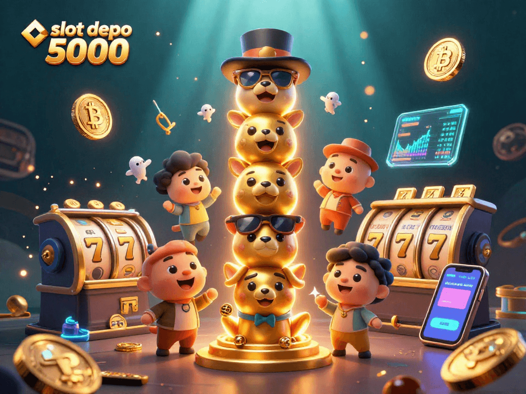 Engage in thrilling gameplay at slot depo 5000 with vibrant 3D casino-themed illustration featuring dynamic characters and elements.