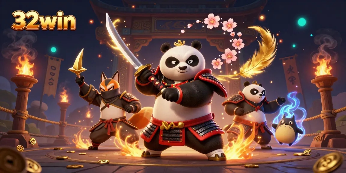 Experience the thrill of 32win with dynamic characters in an epic casino battle scene.
