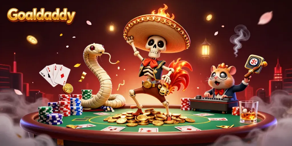Experience exciting wins on Goaldaddy with colorful poker chips and lively characters in a vibrant casino scene.
