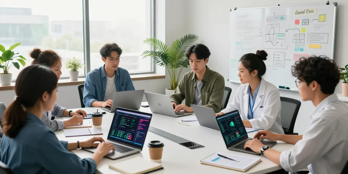 Enterprise AI team collaboratively developing solutions in modern workspace.