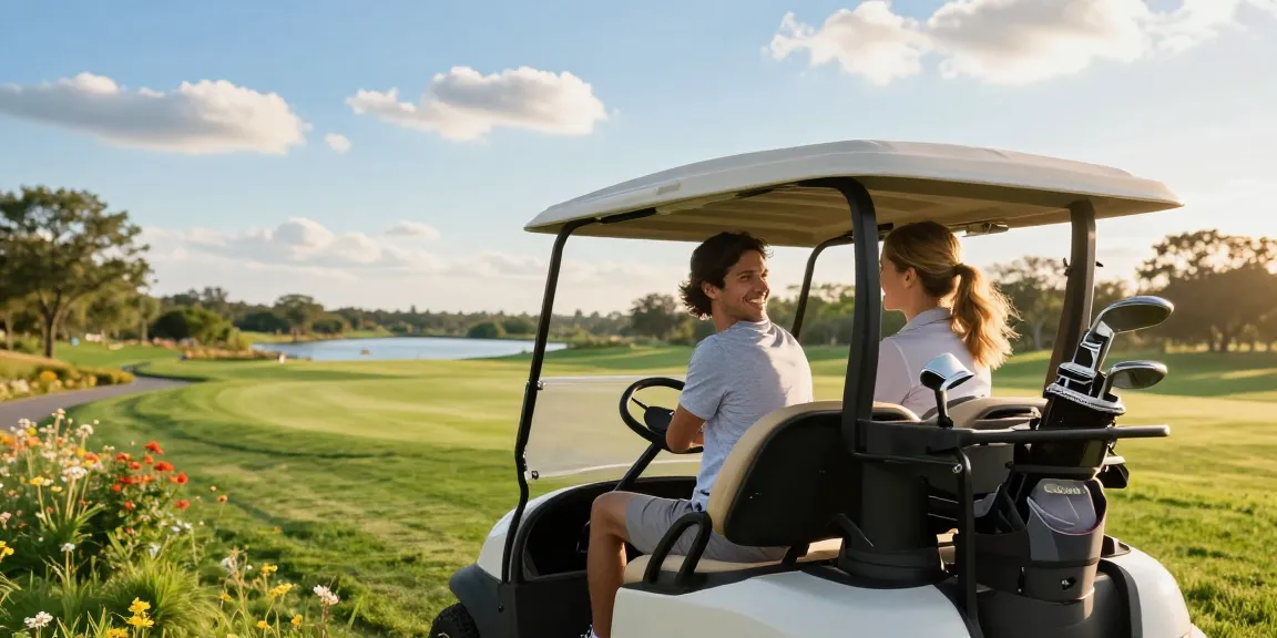 Couple riding a Club Car golf cart for sale on a scenic golf course during sunset