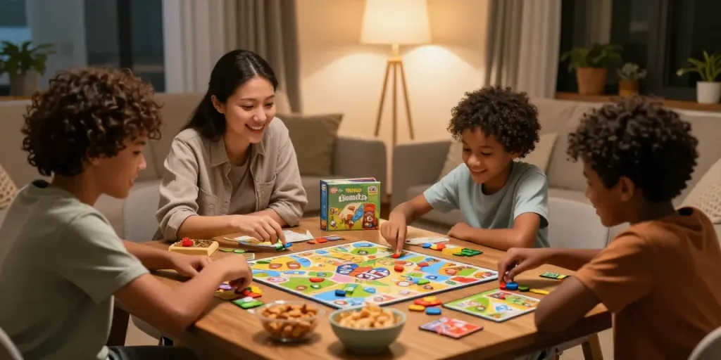 Family game night featuring popular board games like Catan and Ticket to Ride.
