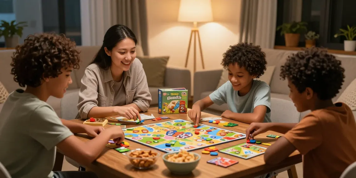 Family game night featuring popular board games like Catan and Ticket to Ride.